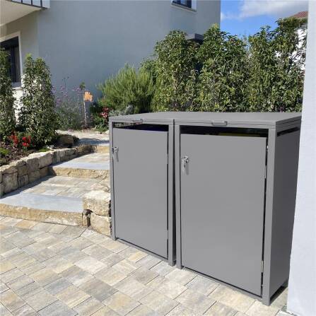 Metzler Mülltonnenbox | 2er | 240l | Grau | aus Stahl | rostfrei & massiv | Türgriff mit Schloss RAL 9007 Graualuminium