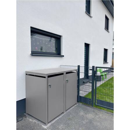 Metzler Mülltonnenbox | 2er | 240l | Grau | aus Stahl | rostfrei & massiv | Türgriff mit Schloss RAL 9007 Graualuminium