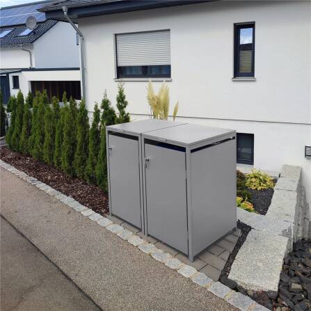 Metzler Mülltonnenbox | 2er | 240l | Grau | aus Stahl | rostfrei & massiv | Türgriff mit Schloss RAL 9007 Graualuminium