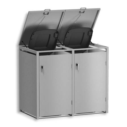 Metzler Mülltonnenbox | 2er | 240l | Grau | aus Stahl | rostfrei & massiv | Türgriff mit Schloss RAL 9007 Graualuminium