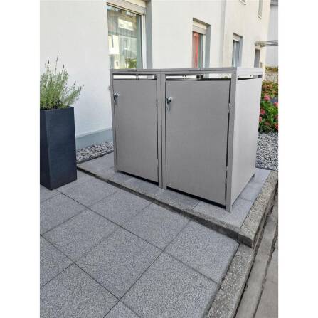 Metzler Mülltonnenbox | 2er | 240l | Grau | aus Stahl | rostfrei & massiv | Türgriff mit Schloss RAL 9007 Graualuminium
