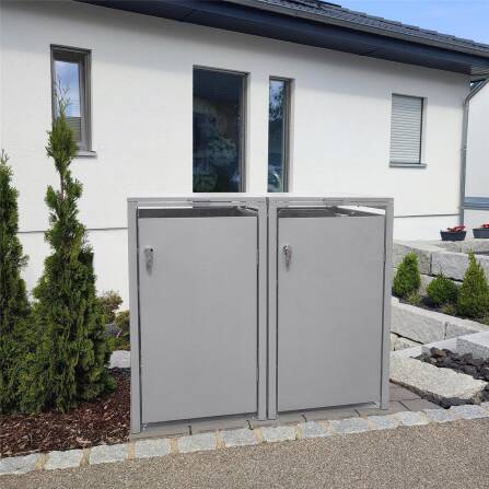 Metzler Mülltonnenbox | 2er | 240l | Grau | aus Stahl | rostfrei & massiv | Türgriff mit Schloss RAL 9007 Graualuminium