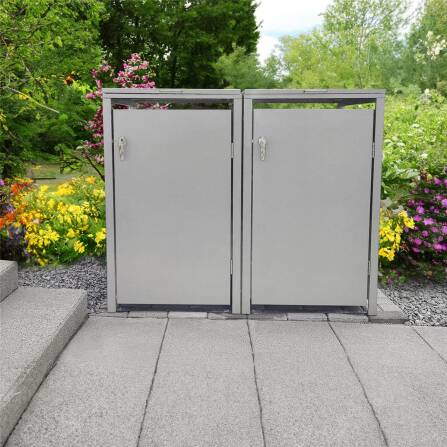 Metzler Mülltonnenbox | 2er | 240l | Grau | aus Stahl | rostfrei & massiv | Türgriff mit Schloss RAL 9007 Graualuminium