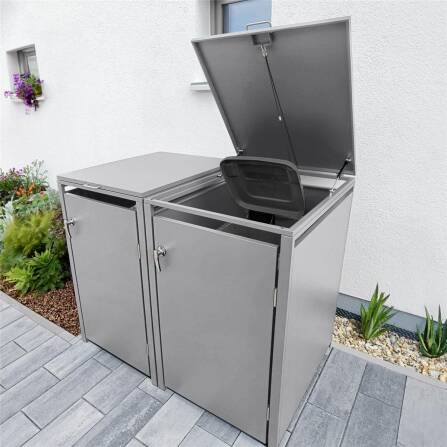 Metzler Mülltonnenbox | 2er | 240l | Grau | aus Stahl | rostfrei & massiv | Türgriff mit Schloss RAL 9007 Graualuminium