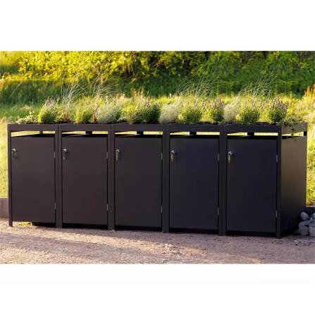 Metzler Mülltonnenbox mit Pflanzdach | 5er | 240l | Anthrazit RAL 7016 | aus Stahl | rostfrei & massiv | Türgriff mit Schloss