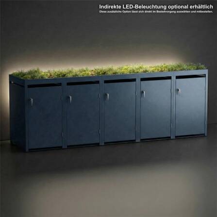 Metzler Mülltonnenbox mit Pflanzdach | 5er | 240l | Anthrazit RAL 7016 | aus Stahl | rostfrei & massiv | Türgriff mit Schloss