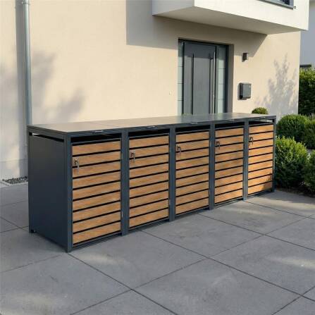 Metzler Caches-poubelles | 5x | 240l | Effet bois | Anthracite RAL 7016 | en acier | inoxydable et massif | Poignée sverrouillables