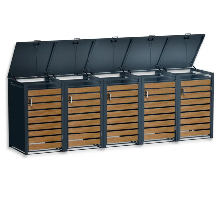 Metzler Caches-poubelles | 5x | 240l | Effet bois | Anthracite RAL 7016 | en acier | inoxydable et massif | Poignée sverrouillables