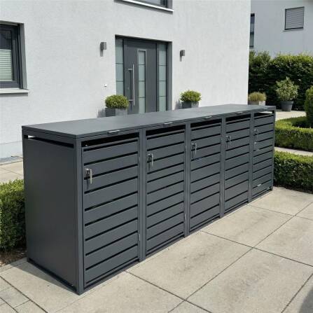 Metzler Mülltonnenbox | 5er | 240l | Anthrazit RAL 7016 | aus Stahl | mit Sichtstreifen | rostfrei & massiv | Türgriff mit Schloss