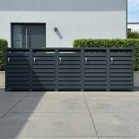 Metzler Mülltonnenbox | 5er | 240l | Anthrazit RAL 7016 | aus Stahl | mit Sichtstreifen | rostfrei & massiv | Türgriff mit Schloss