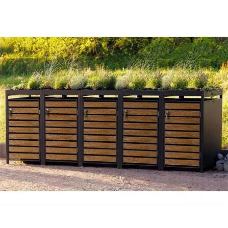 Metzler Mülltonnenbox mit Pflanzdach | 5er | 240l | in Holzoptik | Anthrazit RAL 7016 | aus Stahl | rostfrei & massiv | Türgriff mit Schloss