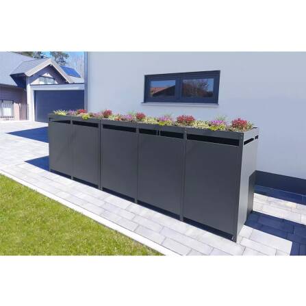 Metzler Mülltonnenbox mit Pflanzdach | 5er | 240l | in Holzoptik | Anthrazit RAL 7016 | aus Stahl | rostfrei & massiv | Türgriff mit Schloss