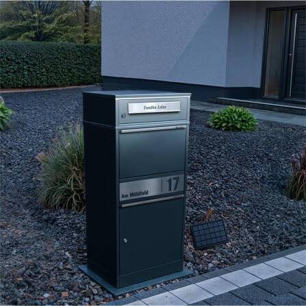 Metzler boîte à colis et aux lettres | LED | Anthracite RAL 7016 | personnalisée avec gravure | Plaque de nom en acier inoxydable