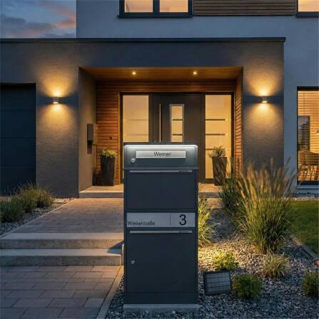 Metzler boîte à colis et aux lettres | LED | Anthracite RAL 7016 | personnalisée avec gravure | Plaque de nom en acier inoxydable