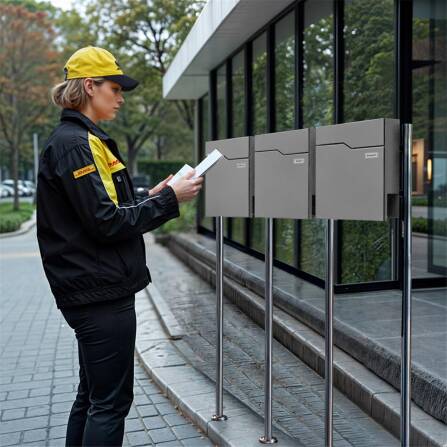 Metzler Standbriefkasten Mehrfamilienhaus | 3er | mit austauschbarem Namensschild | Grau