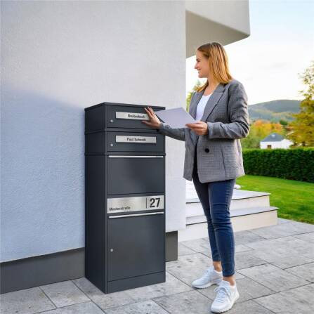 Metzler Paketbox mit 2 Briefkästen | personalisiert mit Gravur | Edelstahl-Namensschild | mit Briefeinwurf | Bispo 2