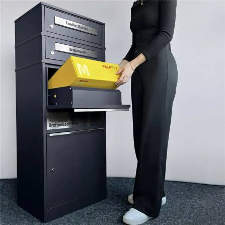 Metzler Paketbox mit 2 Briefkästen | personalisiert mit Gravur | Edelstahl-Namensschild | mit Briefeinwurf | Bispo 2