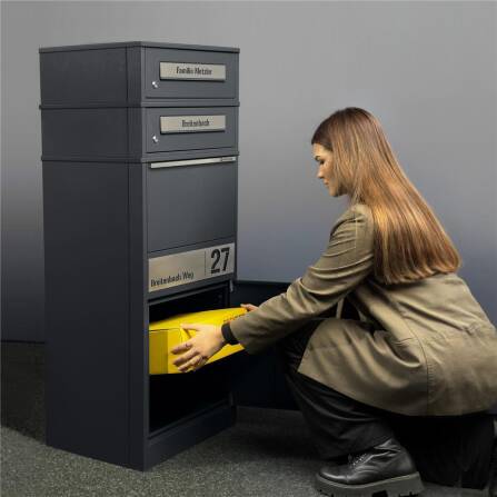 Metzler Paketbox mit 2 Briefkästen | personalisiert mit Gravur | Edelstahl-Namensschild | mit Briefeinwurf | Bispo 2