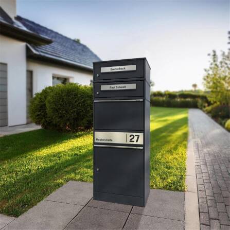 Metzler Paketbox mit 2 Briefkästen | personalisiert mit Gravur | Edelstahl-Namensschild | mit Briefeinwurf | Bispo 2