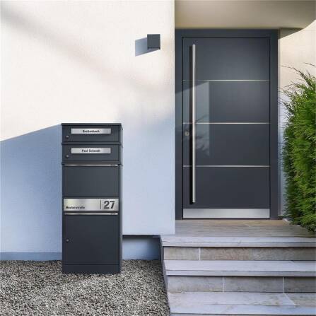Metzler Paketbox mit 2 Briefkästen | personalisiert mit Gravur | Edelstahl-Namensschild | mit Briefeinwurf | RAL 7016 Anthrazit | Bispo 2
