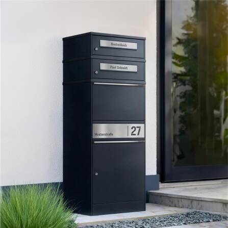 Metzler Paketbox mit 2 Briefkästen | personalisiert mit Gravur | Edelstahl-Namensschild | mit Briefeinwurf | RAL 7016 Anthrazit | Bispo 2