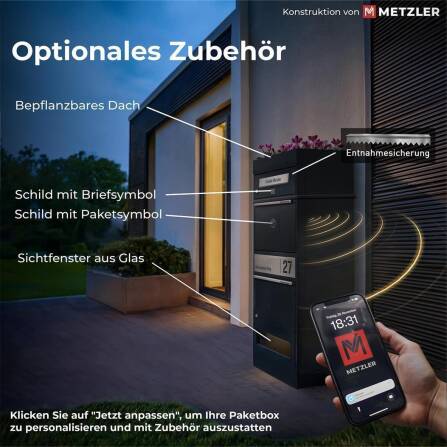 Metzler Paketbox mit 2 Briefkästen | personalisiert mit Gravur | Edelstahl-Namensschild | mit Briefeinwurf | RAL 7016 Anthrazit | Bispo 2