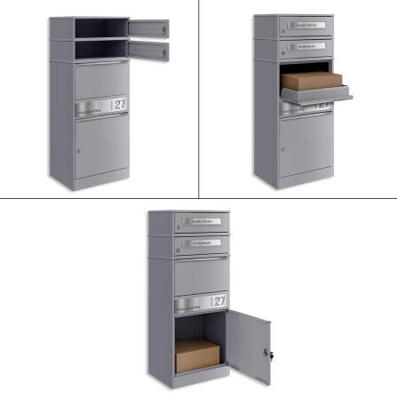 Metzler Paketbox mit 2 Briefkästen | personalisiert mit Gravur | Edelstahl-Namensschild | mit Briefeinwurf | Grau | Bispo 2