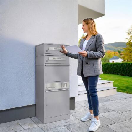 Metzler Paketbox mit 2 Briefkästen | personalisiert mit Gravur | Edelstahl-Namensschild | mit Briefeinwurf | Grau | Bispo 2