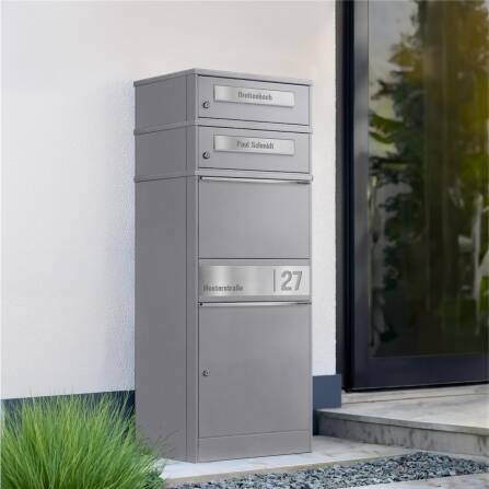 Metzler Paketbox mit 2 Briefkästen | personalisiert mit Gravur | Edelstahl-Namensschild | mit Briefeinwurf | Grau | Bispo 2
