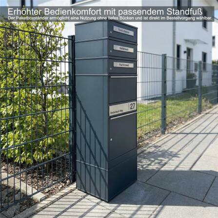 Metzler Paketbox mit 3 Briefkästen | personalisiert mit Gravur | Edelstahl-Namensschild | mit Briefeinwurf | Anthrazit | Bispo 2