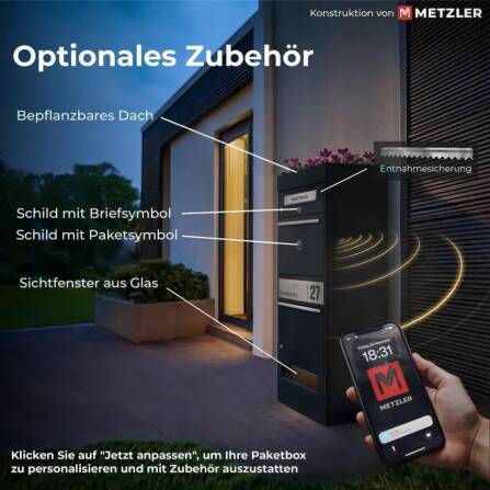 Metzler Paketbox mit 3 Briefkästen | personalisiert mit Gravur | Edelstahl-Namensschild | mit Briefeinwurf | Anthrazit | Bispo 2