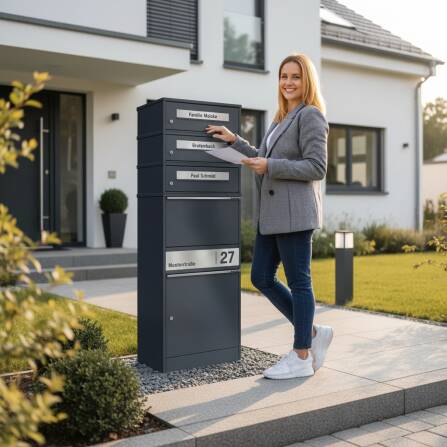 Metzler Paketbox mit 3 Briefkästen | personalisiert mit Gravur | Edelstahl-Namensschild | mit Briefeinwurf | Anthrazit | Bispo 2