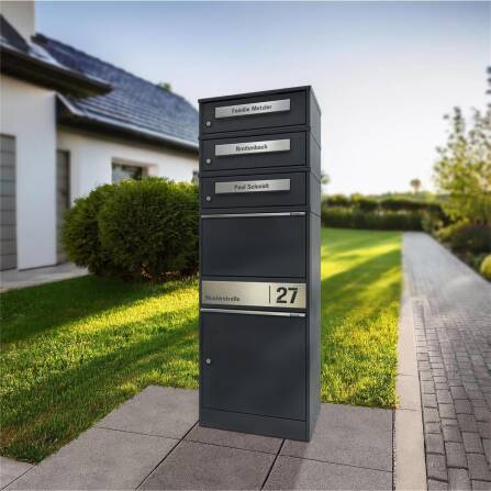 Metzler Paketbox mit 3 Briefkästen | personalisiert mit Gravur | Edelstahl-Namensschild | mit Briefeinwurf | Anthrazit | Bispo 2