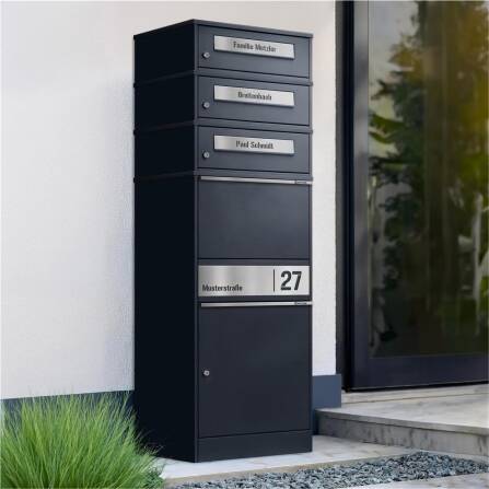 Metzler Paketbox mit 3 Briefkästen | personalisiert mit Gravur | Edelstahl-Namensschild | mit Briefeinwurf | Anthrazit | Bispo 2