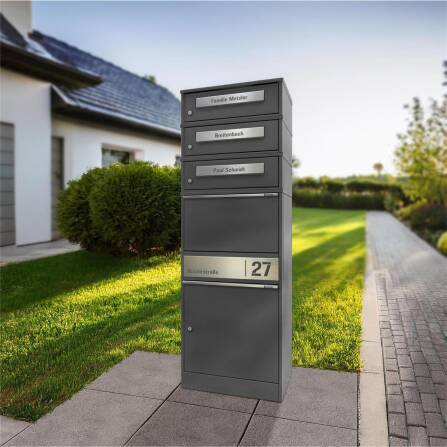 Metzler cassetta per pacchi con 3 cassette per lettere | personalizzato con incisione | targa nome in acciaio inox | con fessura per lettere | effetto ghisa metallica | Bispo 2