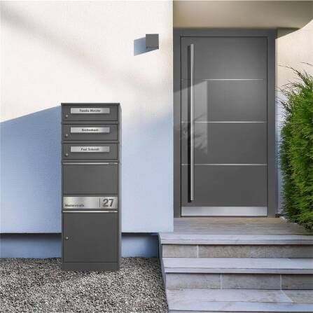 Metzler cassetta per pacchi con 3 cassette per lettere | personalizzato con incisione | targa nome in acciaio inox | con fessura per lettere | effetto ghisa metallica | Bispo 2