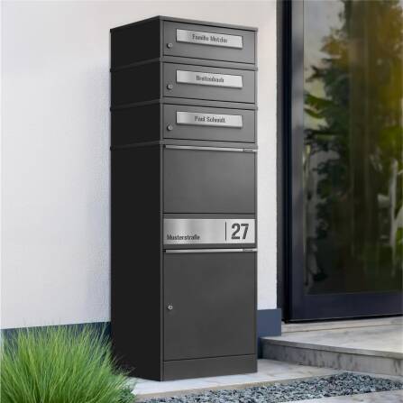 Metzler cassetta per pacchi con 3 cassette per lettere | personalizzato con incisione | targa nome in acciaio inox | con fessura per lettere | effetto ghisa metallica | Bispo 2