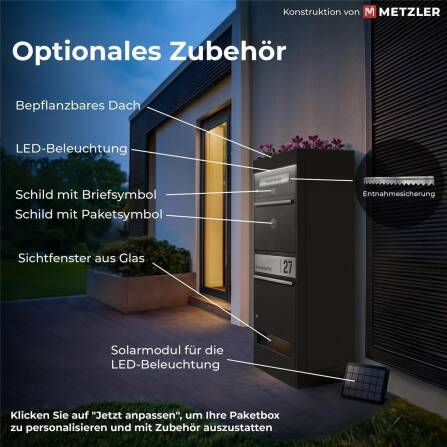 Metzler cassetta per pacchi con 3 cassette per lettere | personalizzato con incisione | targa nome in acciaio inox | con fessura per lettere | effetto ghisa metallica | Bispo 2