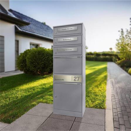 Metzler Paketbox mit 3 Briefkästen | personalisiert mit Gravur | Edelstahl-Namensschild | mit Briefeinwurf | Grau | Bispo 2