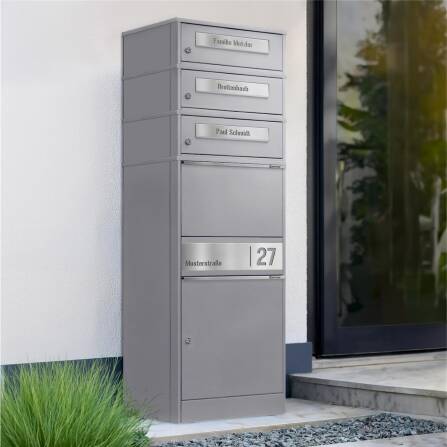 Metzler Paketbox mit 3 Briefkästen | personalisiert mit Gravur | Edelstahl-Namensschild | mit Briefeinwurf | Grau | Bispo 2