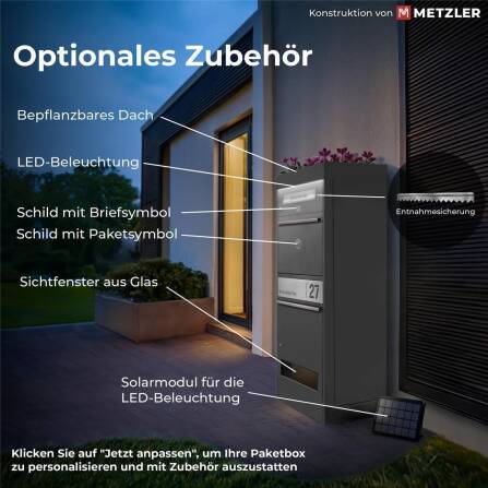 Metzler Paketbox mit 3 Briefkästen | personalisiert mit Gravur | Edelstahl-Namensschild | mit Briefeinwurf | Grau | Bispo 2
