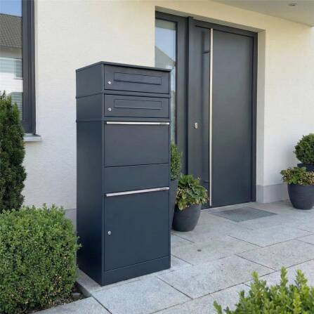 Metzler Paketbox mit 2 Briefkästen | zweifacher Briefeinwurf | für Pakete bis zur Größe M | rostfrei | RAL 7016 Anthrazit | Bispo