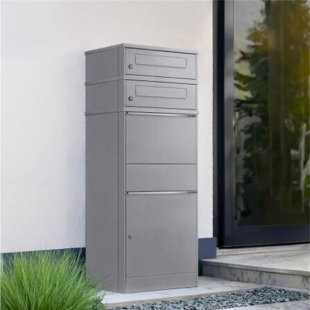 Metzler Paketbox mit 2 Briefkästen | zweifacher Briefeinwurf | für Pakete bis zur Größe M | rostfrei | Grau | Bispo