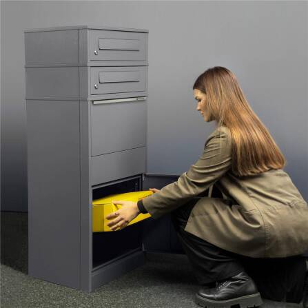 Metzler Paketbox mit 2 Briefkästen | zweifacher Briefeinwurf | für Pakete bis zur Größe M | rostfrei | Grau | Bispo