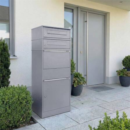 Metzler Paketbox mit 2 Briefkästen | zweifacher Briefeinwurf | für Pakete bis zur Größe M | rostfrei | Grau | Bispo