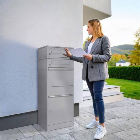 Metzler Paketbox mit 2 Briefkästen | zweifacher Briefeinwurf | für Pakete bis zur Größe M | rostfrei | Grau | Bispo