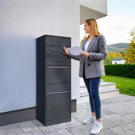 Metzler Paketbox mit 3 Briefkästen | dreifacher Briefeinwurf | für Pakete bis zur Größe M | rostfrei | Bispo