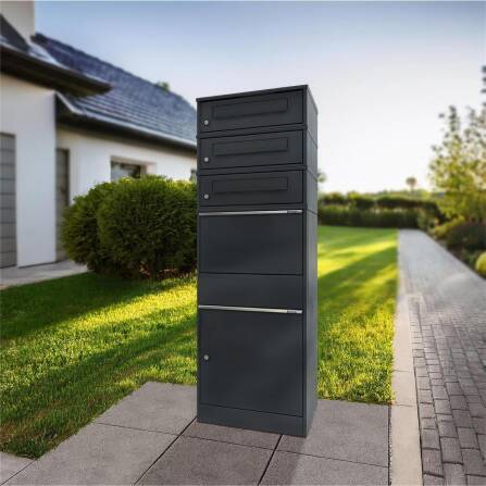 Metzler Paketbox mit 3 Briefkästen | dreifacher Briefeinwurf | für Pakete bis zur Größe M | rostfrei | Anthrazit | Bispo