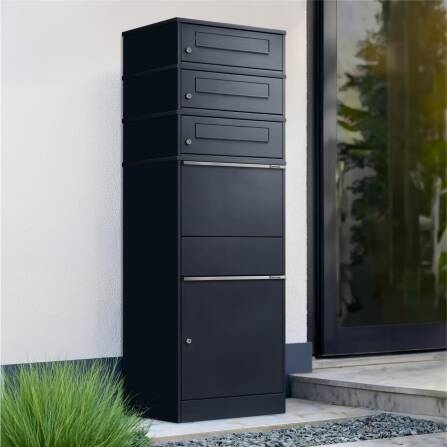 Metzler Paketbox mit 3 Briefkästen | dreifacher Briefeinwurf | für Pakete bis zur Größe M | rostfrei | Anthrazit | Bispo