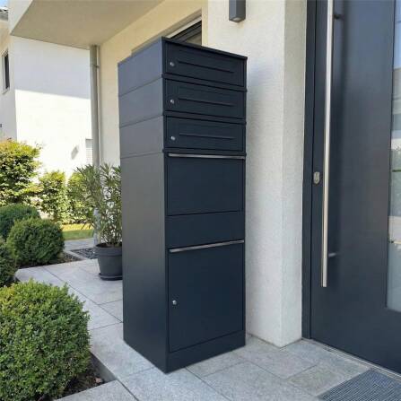 Metzler Paketbox mit 3 Briefkästen | dreifacher Briefeinwurf | für Pakete bis zur Größe M | rostfrei | Anthrazit | Bispo